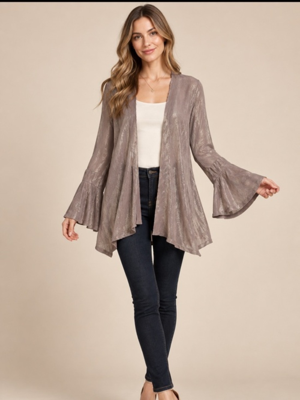 Blush Taupe silver Shimmer Bell Sleeve Open Cardigan Size Large
